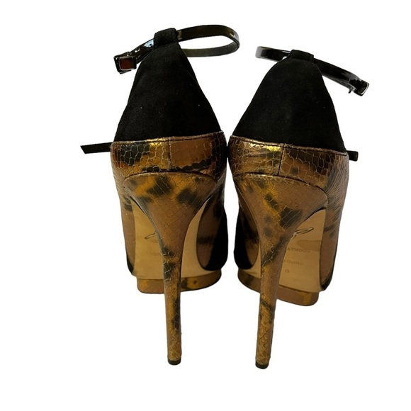 Brian Atwood Campisa black suede and bronze snakeskin embossed stiletto heels - Picture 6 of 11